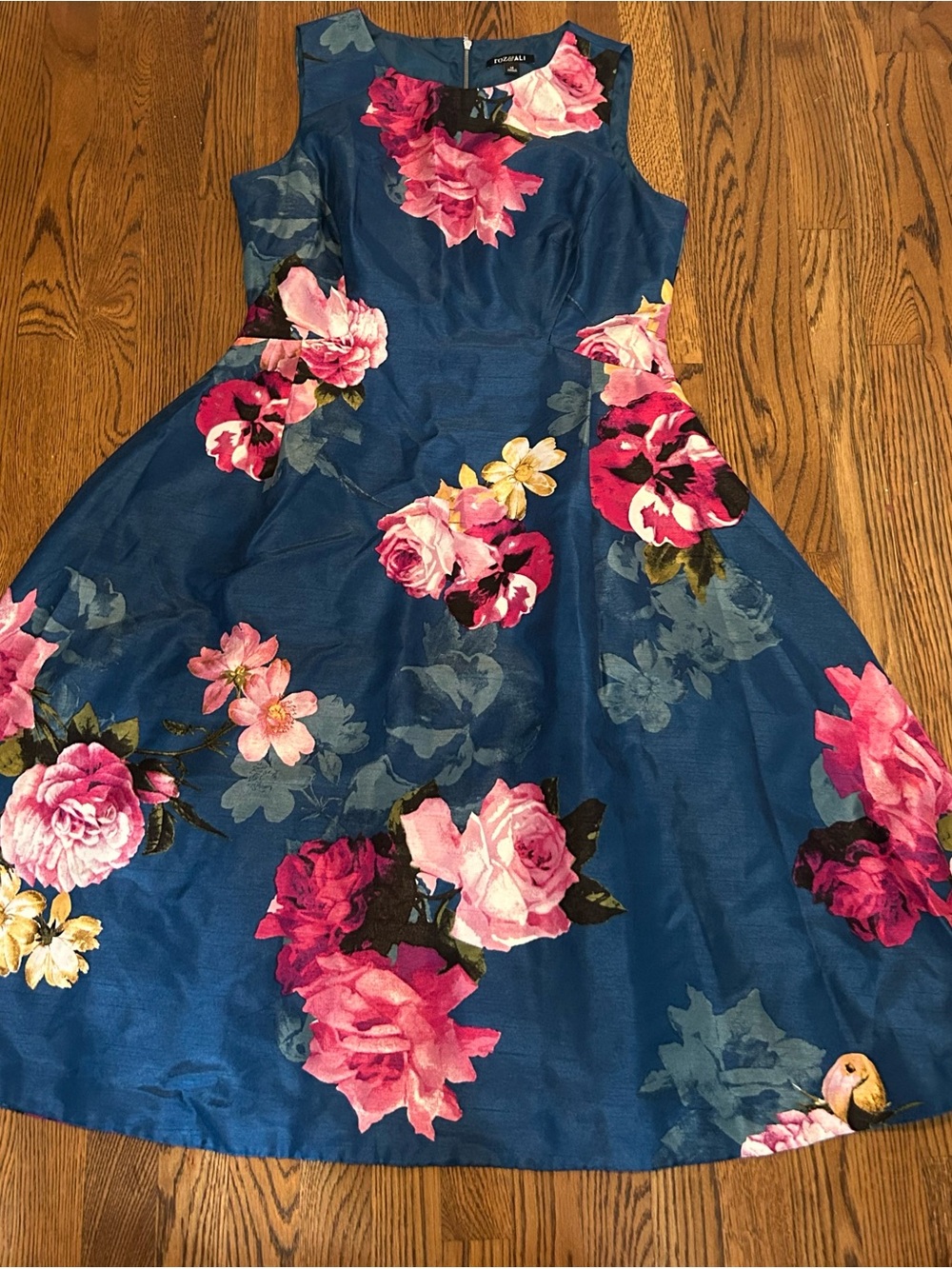 Roz & Ali Formal Teal Navy Floral Midi Cocktail Dress with Pink Blooms - Picture 2 of 11